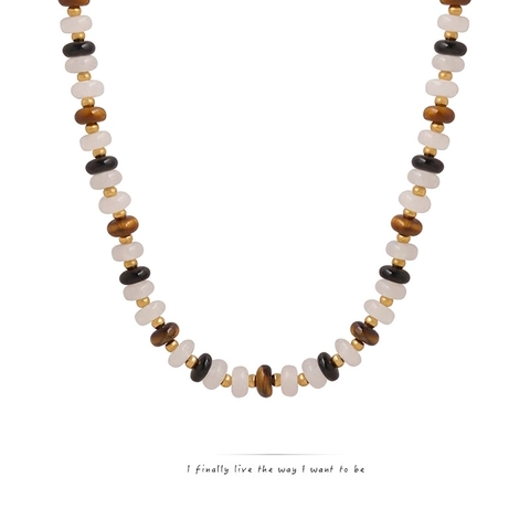 Beaded Necklace Natural Tiger's Eye White Jade Black Agate Titanium Steel Bohemian Minimalist Jewelry For Women