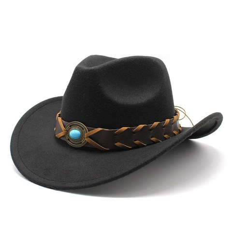 Western Cowboy Hat Vintage Fedora Wool Felt Wide Brim Jazz Cap With Braided Belt Turquoise Decor For Men Women Elegant