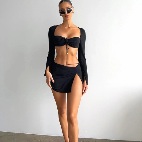 Sexy Schwarzes Langarm Crop Top Und Minirock Mit Hohem Schlitz Damen Streetwear Eng Anliegend Polyester