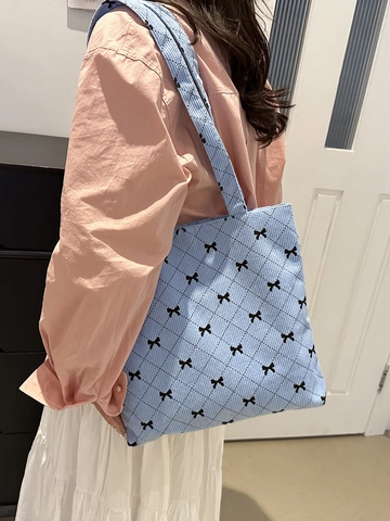 Bolso Tote De Pana Acolchado Para Mujer Estampado De Lazos Patrón De Rombos Gran Capacidad Bolso De Hombro Cierre Magnético Estilo Japonés