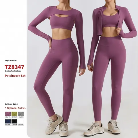 Women Yoga Set High Waist Leggings Sports Bra Long Sleeve Jacket Quick Dry Nylon Spandex Gym Workout Outfit