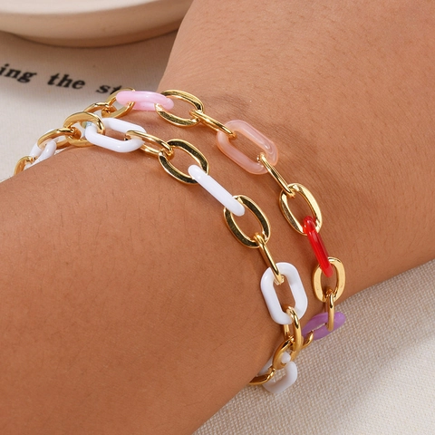 Edelstahl Armkette Bunte Harz Glieder 18K Gold Beschichtet Vintage Geometrische Hand Schmuck Für Frauen Verstellbar