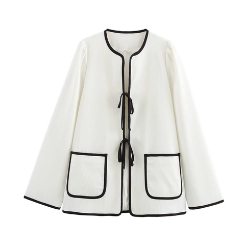 Women Pleated Open Front Jacket Tie Front Contrast Piping Long Sleeve Chic Elegant Lightweight Outerwear With Pockets