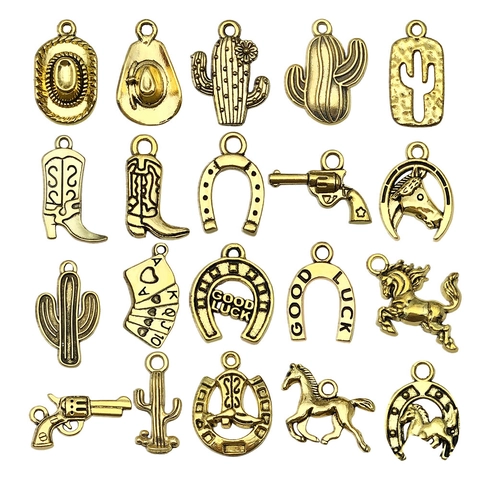 Vintage Western Cowboy Alloy Charms For Jewelry Making DIY Antique Gold Silver Cactus Hat Horseshoe Boot Pendant Accessories