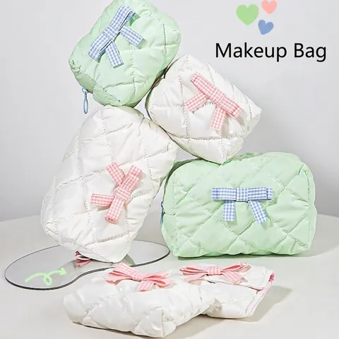 Quilted Makeup Bag Shiny PU Waterproof Cosmetic Organizer With Gingham Bow Cute Portable Travel Toiletry Pouch