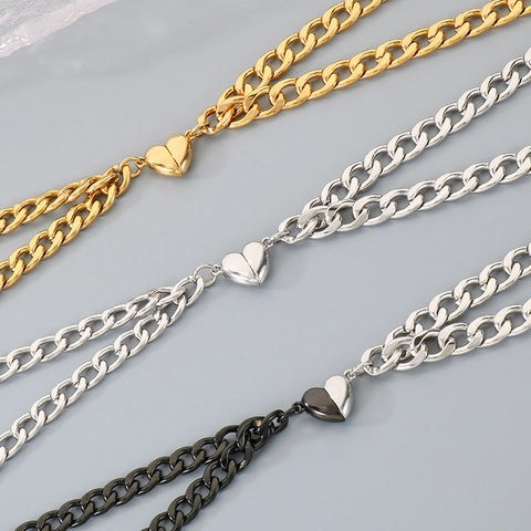 Roestvrij Staal Magnetisch Hart Koppel Armband Set Minimalistische Cubaanse Schakelketting Voor Geliefden Vrienden Cadeau