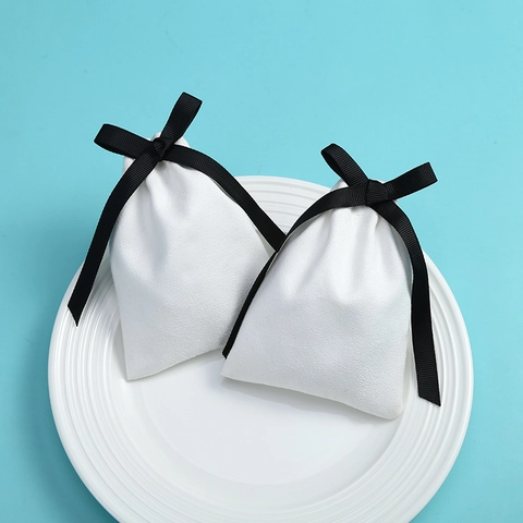 Small White Cotton Jewelry Pouch With Black Grosgrain Ribbon Bow Drawstring Gift Bag For Rings Earrings Wedding Packaging