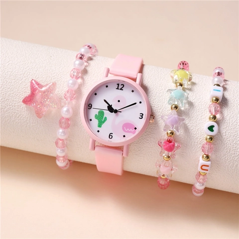 Rosa Flamingo Cartoon Quarzuhr Und Perlenarmband Zubehör Für Mädchen Kinder Geschenk