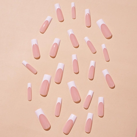 Glossy Long Square French Press On Nails White Tips Nude Base Nails With Adhesive Stickers Finger Art