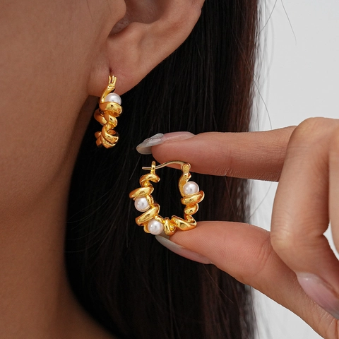 Orecchini A Cerchio Torsione In Lega Con Künstliche Perle Sintetiche Geometrici A Forma Di U Color Oro Per Donna