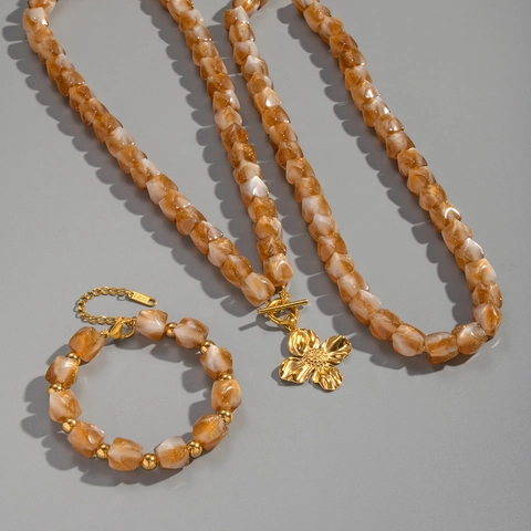 Ensemble De Bijoux Collier Et Bracelet En Perles De Résine Dégradé Brun Fleur En Acier Inoxydable Étanche Pour Femmes