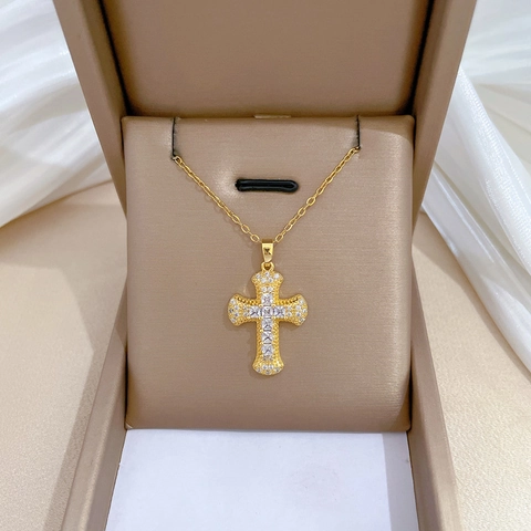 Collana Con Pendente A Croce Acciaio Al Titanio Tono Oro Rame Micro Zircone Elegante Catena Clavicola Gioielli Donna
