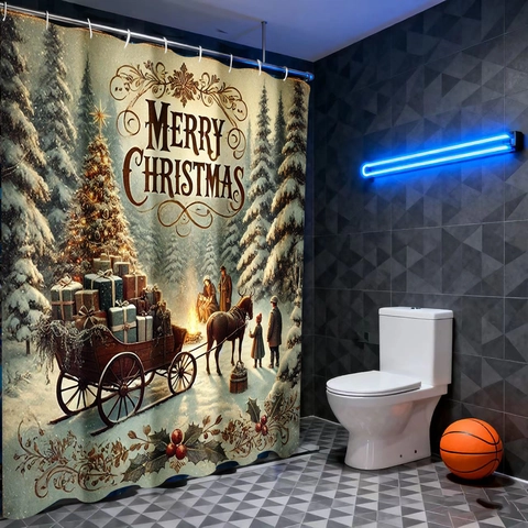 Kerst Douchegordijn Waterdicht Polyester Vintage Sneeuwwoud Slee Patroon Badkamer Decor Met Haken