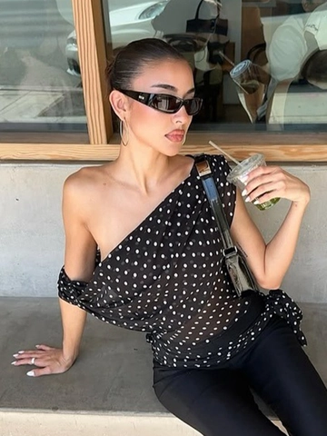 Haut À Une Épaule À Pois Femmes Asymétrique Froncé Mousseline Polyester Sans Manches Blouse Sexy