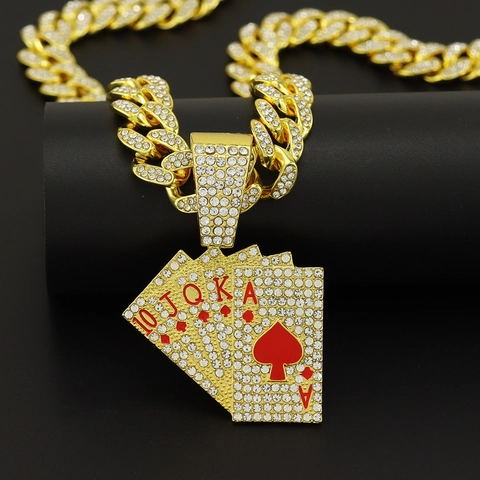 Hip Hop Poker Royal Flush Hanger Ketting Iced Out Strass Legering Emaille Cubaanse Schakelketting Heren Sieraden