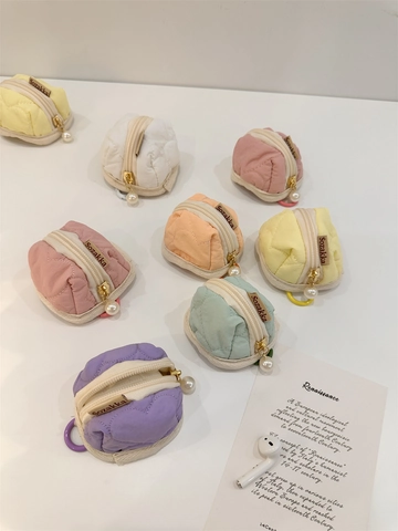Mini Heart Quilted Cotton Earphone Case Macaron Color Puffy Coin Purse With Artificial Pearl Zipper Pendant Cute Small Storage Bag