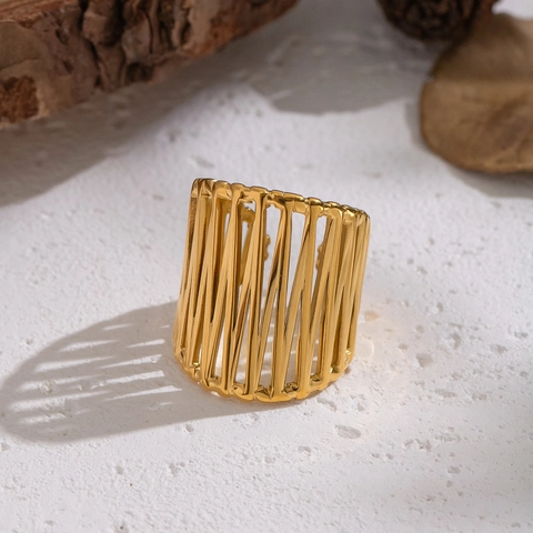 Geometric Hollow Wide Band Ring 304 Stainless Steel Waterproof Hypoallergenic Gold Plated Modern Futuristic Jewelry For Women