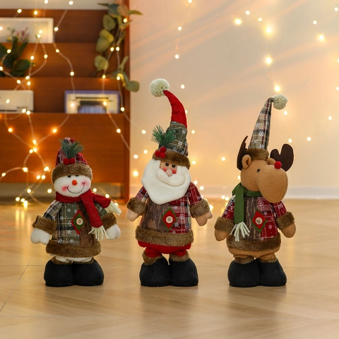 Christmas Standing Plush Figurines Fabric Plaid Santa Claus Snowman Reindeer Dolls For Home Window Decor Holiday Gifts