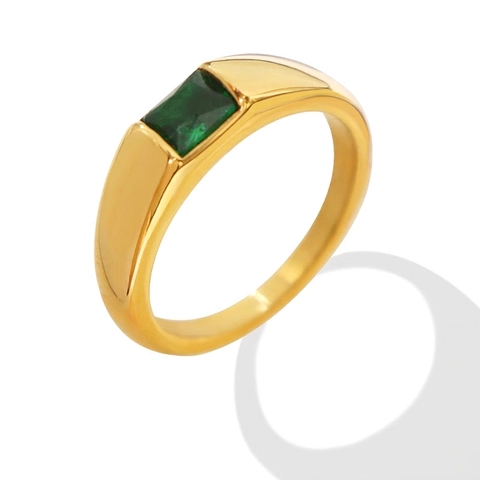 Anello Con Zircone Verde Taglio Smeraldo Acciaio Inossidabile Placcato Oro 18K Gioielli Chic Vintage Francesi Da Donna