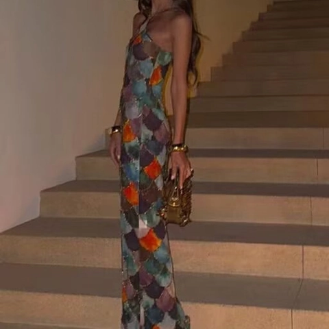 Women Halter Neck Maxi Dress Polyester Mermaid Fish Scale Print Backless Lace Up Slim Fit Holiday Elegant Sleeveless