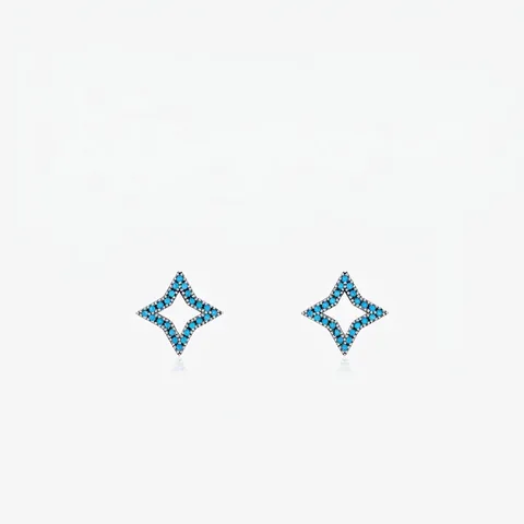925 Sterling Silber Vierstrahliger Stern Ohrstecker Pavé Türkis Blau Kleine Steine Hohl Zierlicher Schmuck Für Frauen