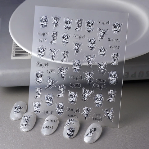 5D Embossed Nail Art Stickers Vintage Angel Cupid Cherub Design Waterproof Self Adhesive Baroque Style Manicure Decoration