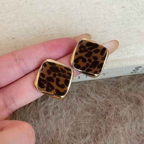 Leopard Print Geometric Square Stud Earrings With 925 Sterling Silver Earring Post Vintage Gold Border Acrylic For Women