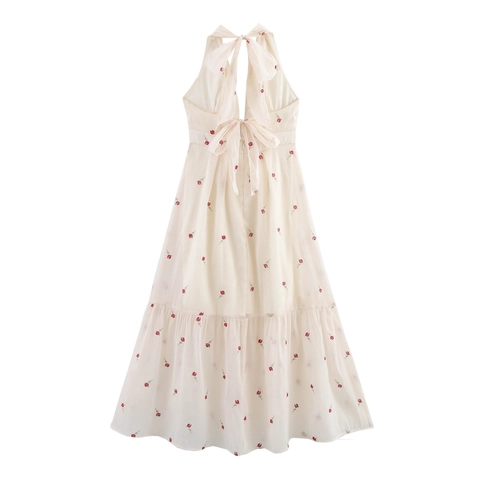 Halter Maxi Jurk Polyester Chiffon Rode Rozenborduurwerk Rugloos Strik Gelaagd Hoge Taille Zoete Franse Stijl