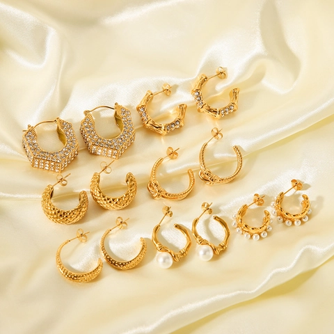 Pendientes de Aro de Acero Inoxidable Bañado en Oro de 18K para Mujer Lujo Strass Perla Artificial Pendientes Geométricos Forma de C Joyería