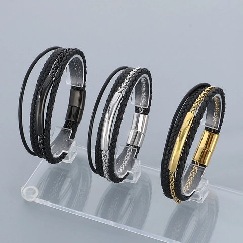 Men's Multi-Layer Braided Leather Bracelet With Stainless Steel Magnetic Clasp Trendy Punk Wristband Jewelry
