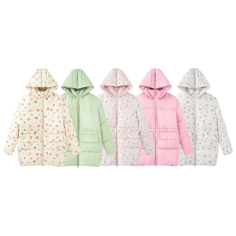 Women Quilted Puffer Jacket Hooded Polyester Cotton Padded Winter Warm Long Puff Sleeve Floral Retro Coat
