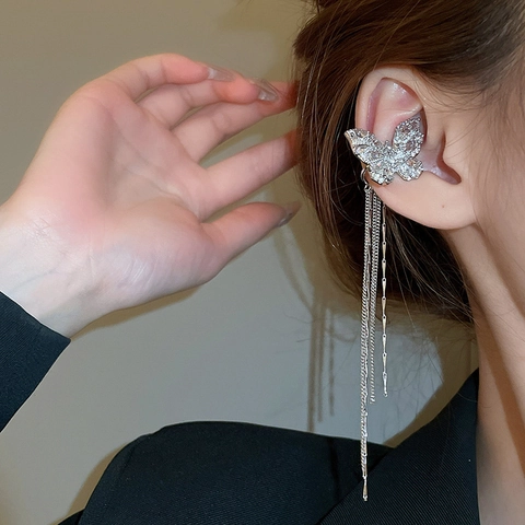 Orecchini A Clip Farfalla Con Nappa Rame Zirconia Ear Cuff Senza Buco Gioielli Eleganti Catena Lunga Donna
