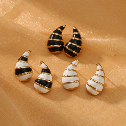 Fashion Stainless Steel Water Drop Stud Earrings With 925 Sterling Silver Post Striped Enamel 18K Gold Plated Women Jewelry