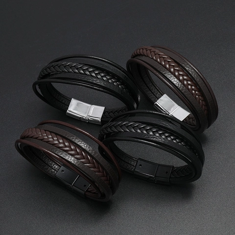 Men Multi-Layer Woven Leather Bracelet Punk Braided Wristband Vintage Casual Jewelry Alloy Magnetic Buckle