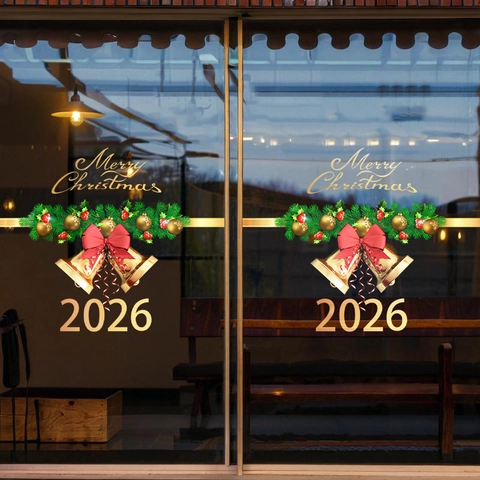 Pegatina De Ventana De Navidad Estática PVC Doble Cara Campana Lazo Pino Decoración De Escaparate Vidrio De Vacaciones