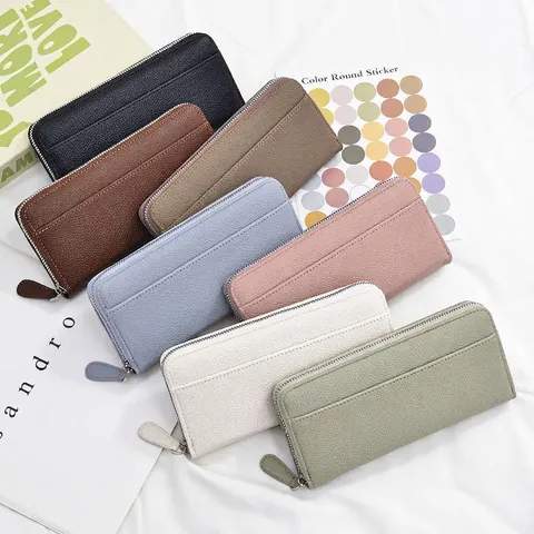Portafoglio Lungo Con Cerniera Donna Pelle PU Motivo Litchi Grande Capacità Pochette Per Telefono Scomparti Colore Solido Semplice