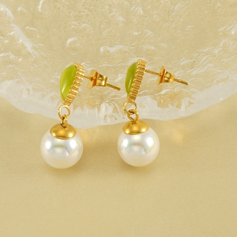 Drop Earrings Stainless Steel 18K Gold Plated Green Cat Eye Stone Faux Artificial Pearl Teardrop Geometric Elegant Jewelry Women