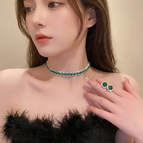 Collar Y Pendientes De Circón Verde Esmeralda Con Poste De Plata Esterlina 925 Joyas Elegantes De Cobre Con Diamantes Mujer