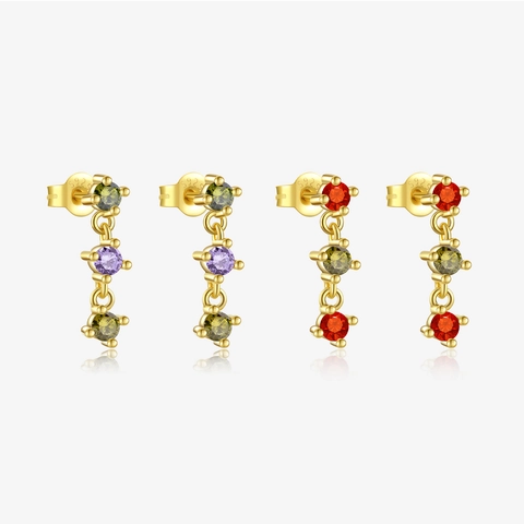 925 Sterling Silver Multi Color Zirconia Stud Earrings 18K Gold Plated Geometric Triple Stone Dangle Earrings Women Jewelry