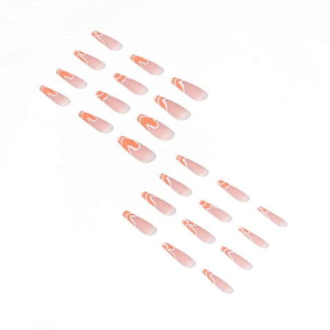 Orange French Press On Nails Long Coffin Shape Fake Nails With White Wave Lines Minimalist Summer Style For Women