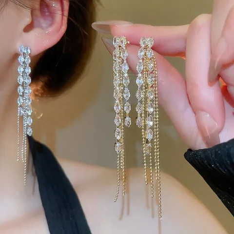 Lange Quasten-Ohrhänger Mit Silbernen Ohrsteckern Kupfer-Strass-Marquise-Kristall Elegant Für Hochzeitsfeiern Frauen
