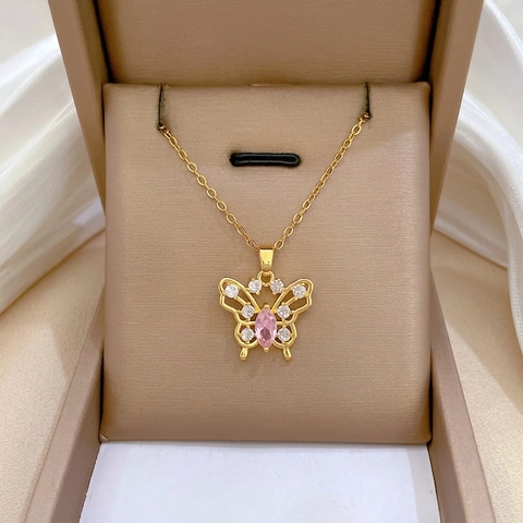 Butterfly Pendant Necklace Titanium Steel Copper Micro Inlaid Pink Zircon Elegant Gold Plated Jewelry For Women