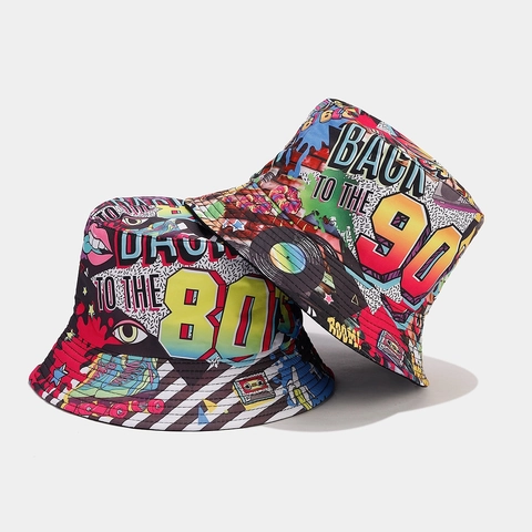 Retro 80s 90s Graffiti Printed Bucket Hat Polyester Double Sided Hip Hop Party Sunshade Wide Brim Fisherman Cap For Men Women