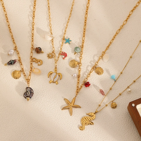 Collana Oceano In Acciaio Inossidabile Da Donna Placcata In Oro Ciondolo Tartaruga Marina Stella Marina Cavalluccio Marino Gioielli Da Spiaggia