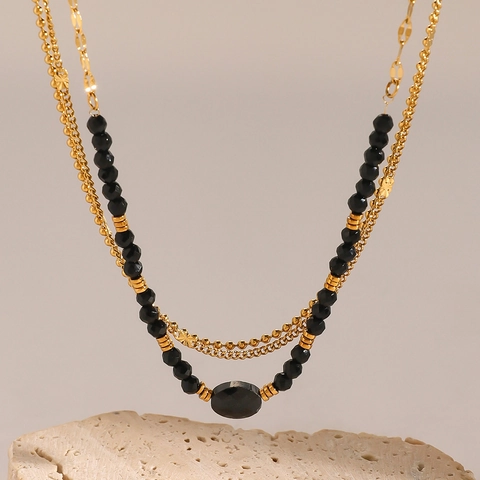 Collier Multirang Acier Inoxydable Perles Cristal Noir Pendentif Ovale Chaîne Clavicule Élégante Pour Femme