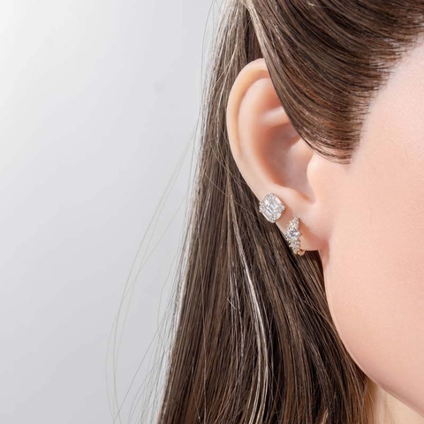 Pendientes De Piercing De Botón Cuadrado Y Aro Huggie Con Poste De Acero De Titanio Circonita Clara Estilo Vintage