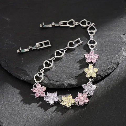 Elegante Sneeuwvlok Zirconia Armband Voor Vrouwen Koperlegering Hart Schakelketting Kleurrijke Bloem Kristallen Sieraden Cadeau
