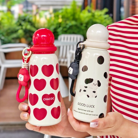 Vacuum Insulated Water Bottle 316 Stainless Steel Portable Cute Thermos Cup With Cartoon Charm Lanyard For Kids Women