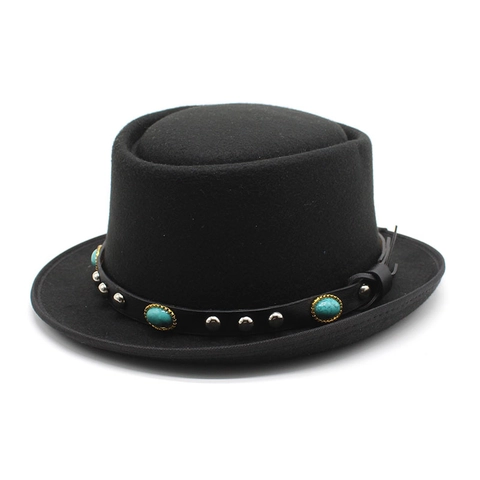 Vintage Wool Felt Pork Pie Hat With Leather Turquoise Rivet Band Western Bohemian Sunshade Fedora For Men Women