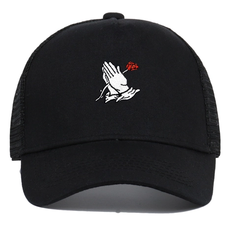 Cappello Trucker Unisex con Ricamo Mani in Preghiera e Rosa Rete Traspirante Cappellino da Baseball in Cotone Snapback Regolabile Hip Hop